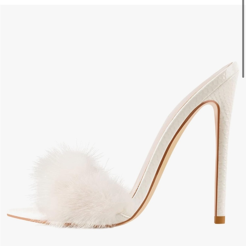 Richealnana Women's white Fur Fuzzy Mules Slip On High Heels Sandals 9 stilettos